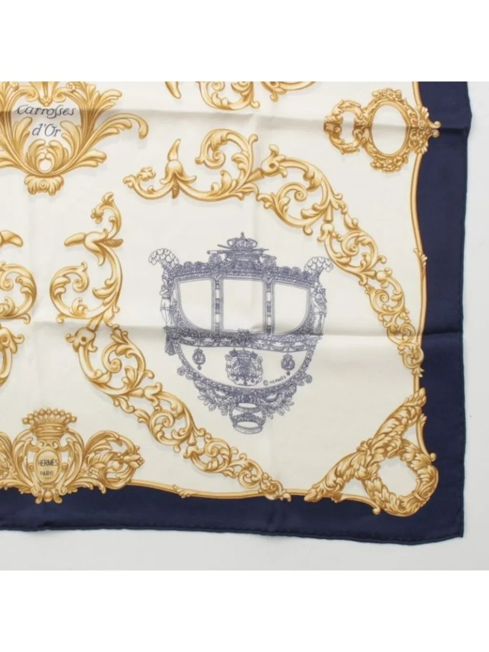 Hermes Carre 70 Silk Carrosses D'or Golden Carriage Scarf White Navy 70 - Picture 5 of 9